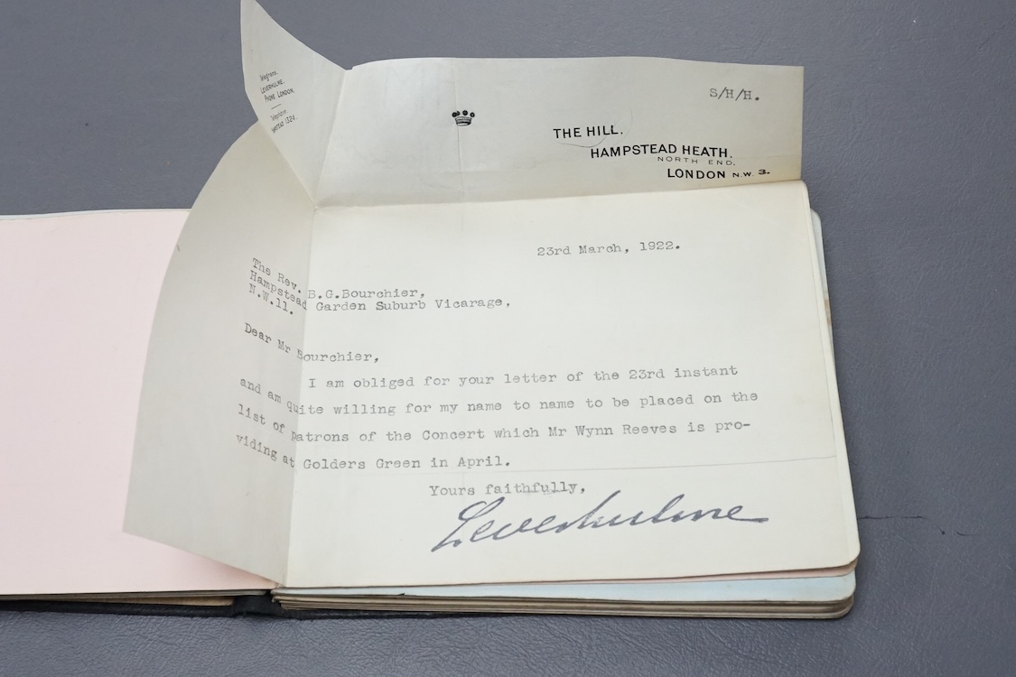A mid 1920s autograph album containing signatures from the world of classical music, collected by Joan Wynn Reeves, daughter of the violinist and conductor Herbert Wynn Reeves, including a hand written letter from Sir Ed